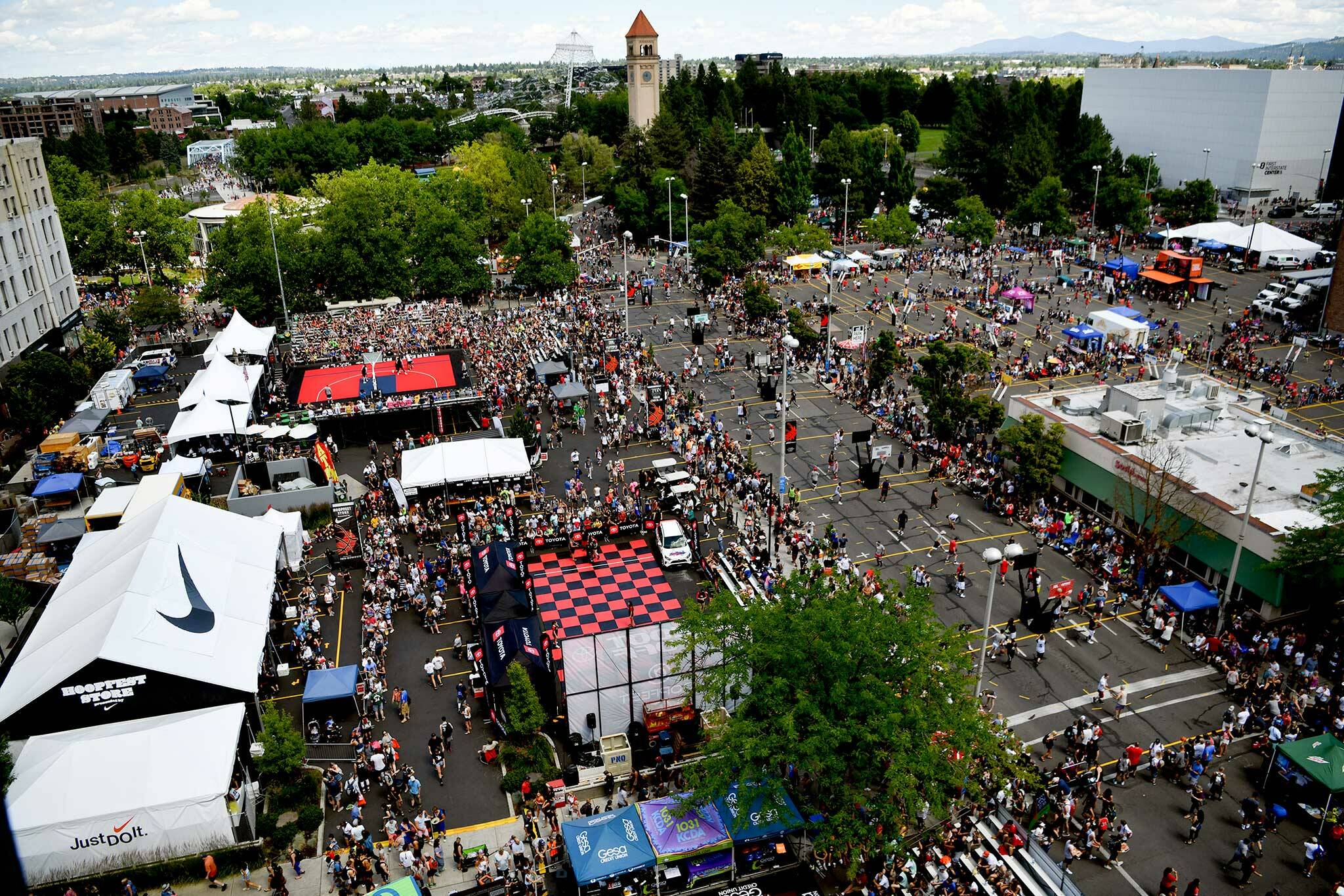 The streets of downtown Spokane are converted into basketball courts during Hoopfest in 2019. (Tyler Tjomsland / The Spokesman-Review)