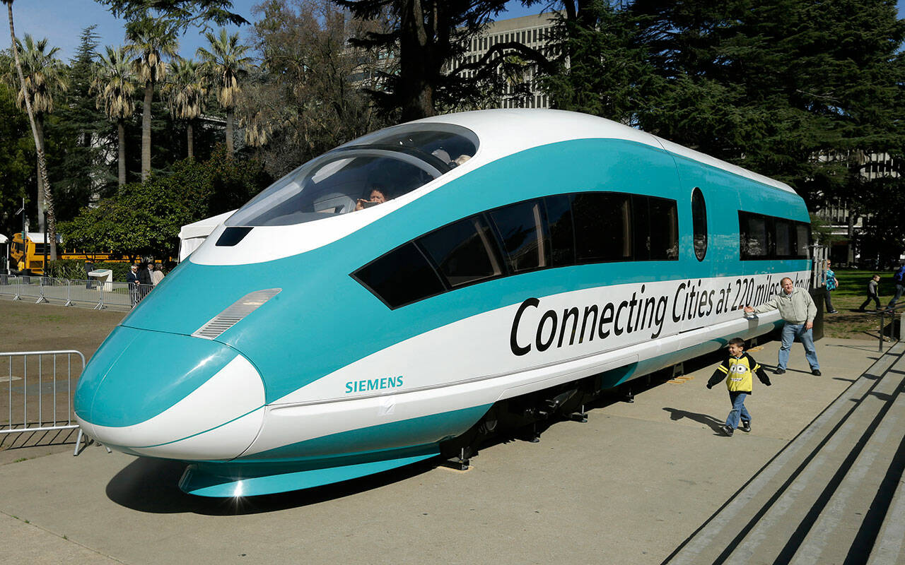 A full-scale mock-up of a high-speed bullet train is displayed at the California Capitol in Sacramento, in February 2015. The California High-Speed Rail Authority’s biennial business plan, released Tuesday, Feb. 8, 2022, shows the estimated cost of the project rising by about $5 billion, compared to the 2020 plan, up to as much as $105 billion. (Rich Pedroncelli / Associated Press)