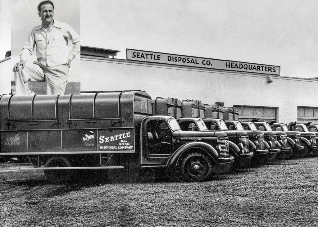 Johnny Banchero Sr., founder of Seattle Disposal, and the company’s fleet of garbage trucks, circa 1940. Banchero’s grandson, Stephan Banchero III, 50, is one of three buyers who recently acquired Rubatino Refuse Removal Co. Banchero is also president of Cedar Grove, a Seattle-based composting firm. Banchero’s purchase of Rubatino is separate from Cedar Grove. (Banchero family)
