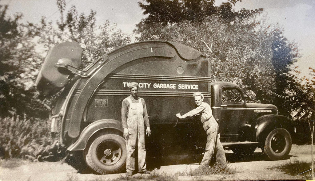 John Dietrich (right) founder of Pasco-based Basin Disposal stands in front of one of the company’s trash collection trucks. John Dietrich’s grandson, Darrick Dietrich, is one of three buyers that recently purchased Rubatino Refuse Removal. The date of the photo is unknown, but possibly late 1940s, according to Darrick Dietrich. (Photo courtesy of Dietrich family)
