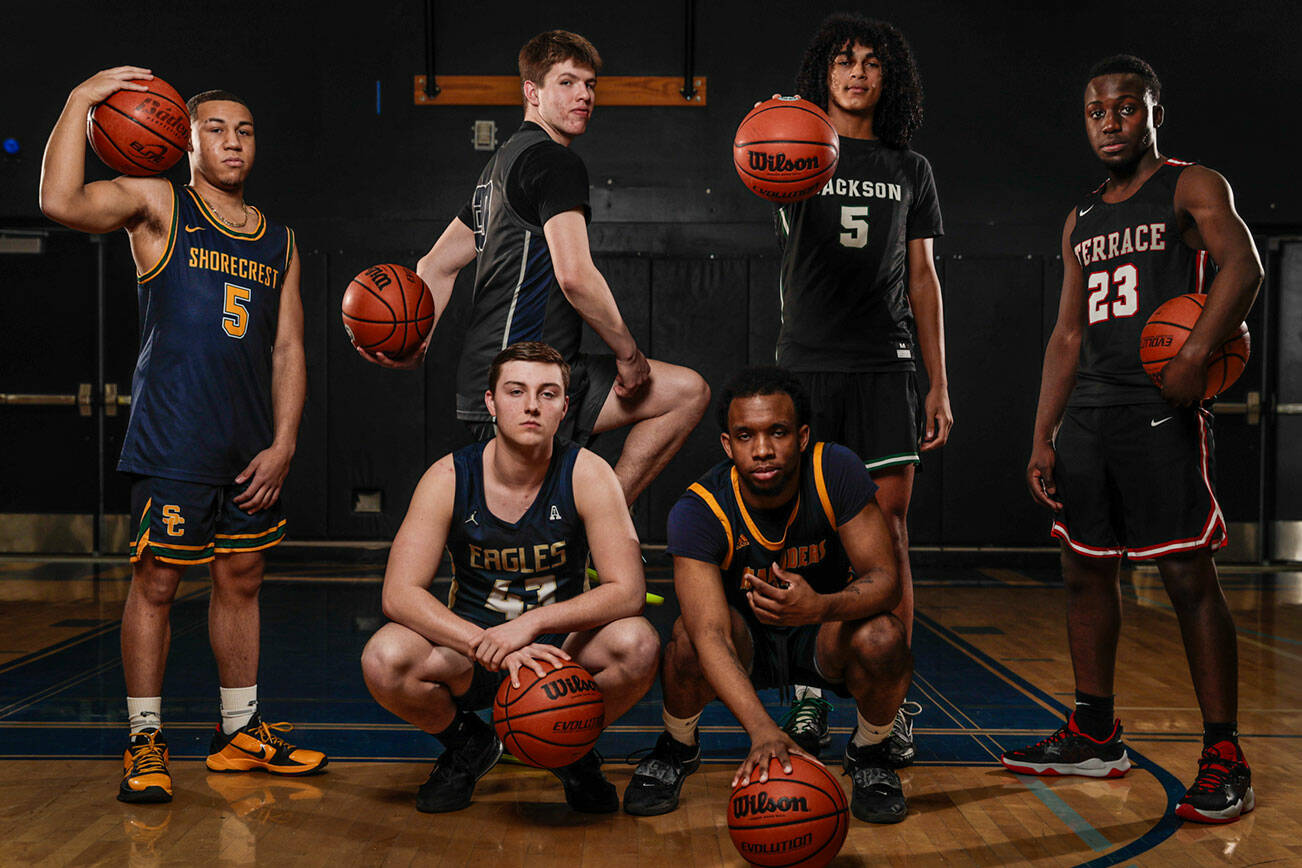 Shorecrest's Elijah Johnson, standing, Glacier Peak's Bobby Siebers,  Jackson's Sylas Williams, Mountlake Terrace's Jeffrey Anyimah, Arlington's Ethan Martin, front, and Mariner's Naser Motley are The Daily Herald’s All-Area team.  (Kevin Clark / The Herald)