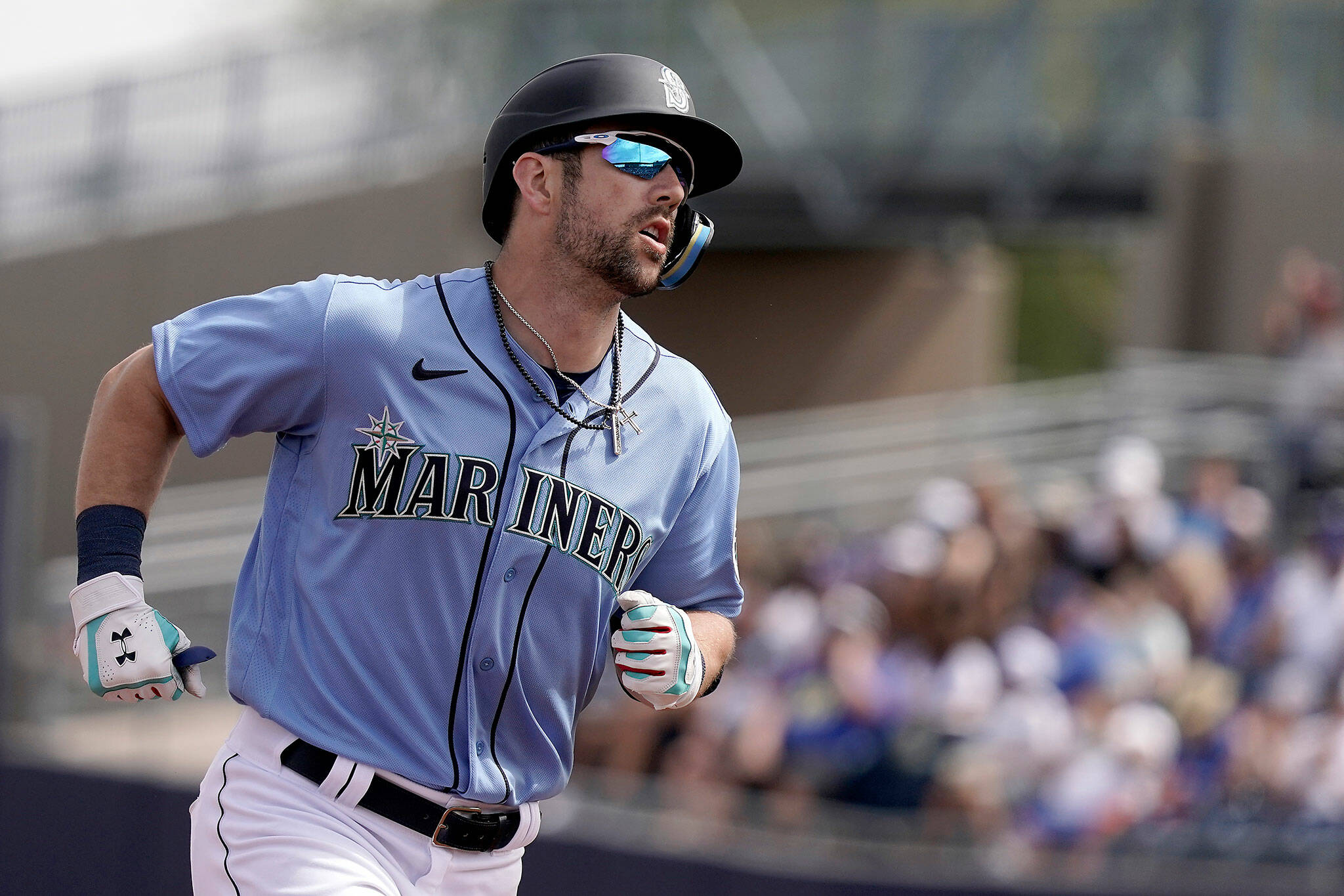 The Mariners’ Steven Souza Jr., a Cascade High School graduate, rounds the bases after hitting a grand slam during the first inning of a spring training game against the Dodgers on March 19 in Peoria, Arizona. (AP Photo/Charlie Riedel)