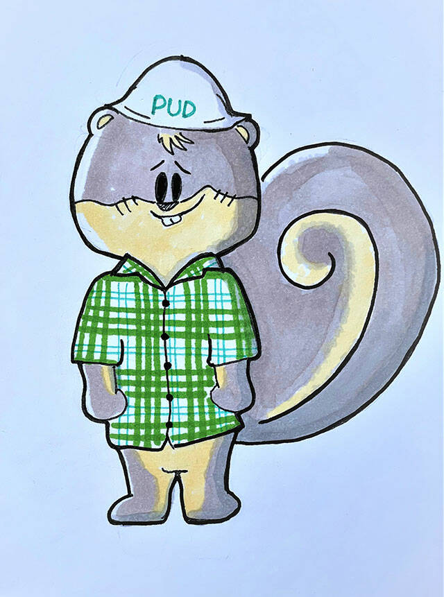 A drawing by Snohomish County PUD employee Lincoln Manahan and his daughter, Kea, submitted with the concept idea for a squirrel mascot. This won’t be the final art for the squirrel marketing. (Submitted photo)