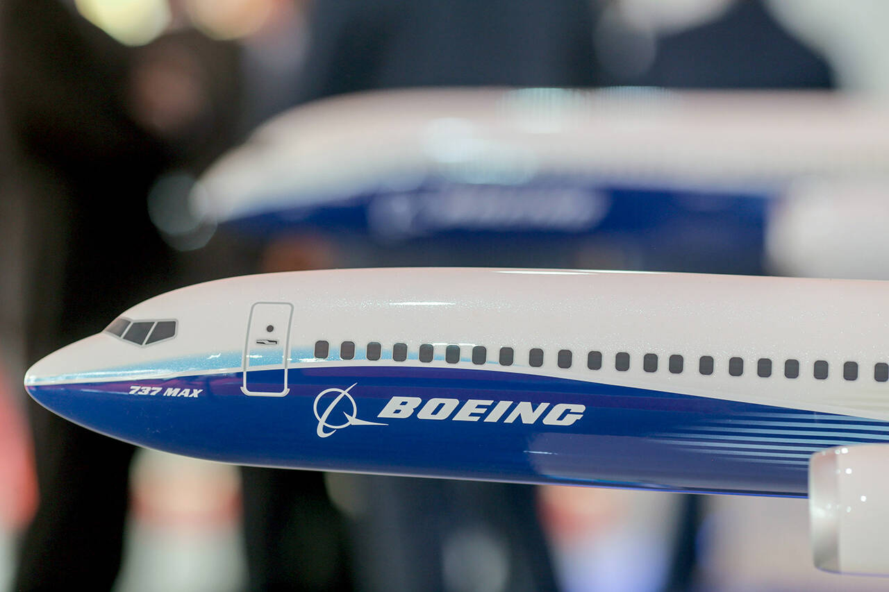 A model of a Boeing Co. 737 Max aircraft is displayed at the company’s pavilion during the Wings India 2022 Air Show held in Hyderabad, India, on March 24. (hiraj Singh/Bloomberg)