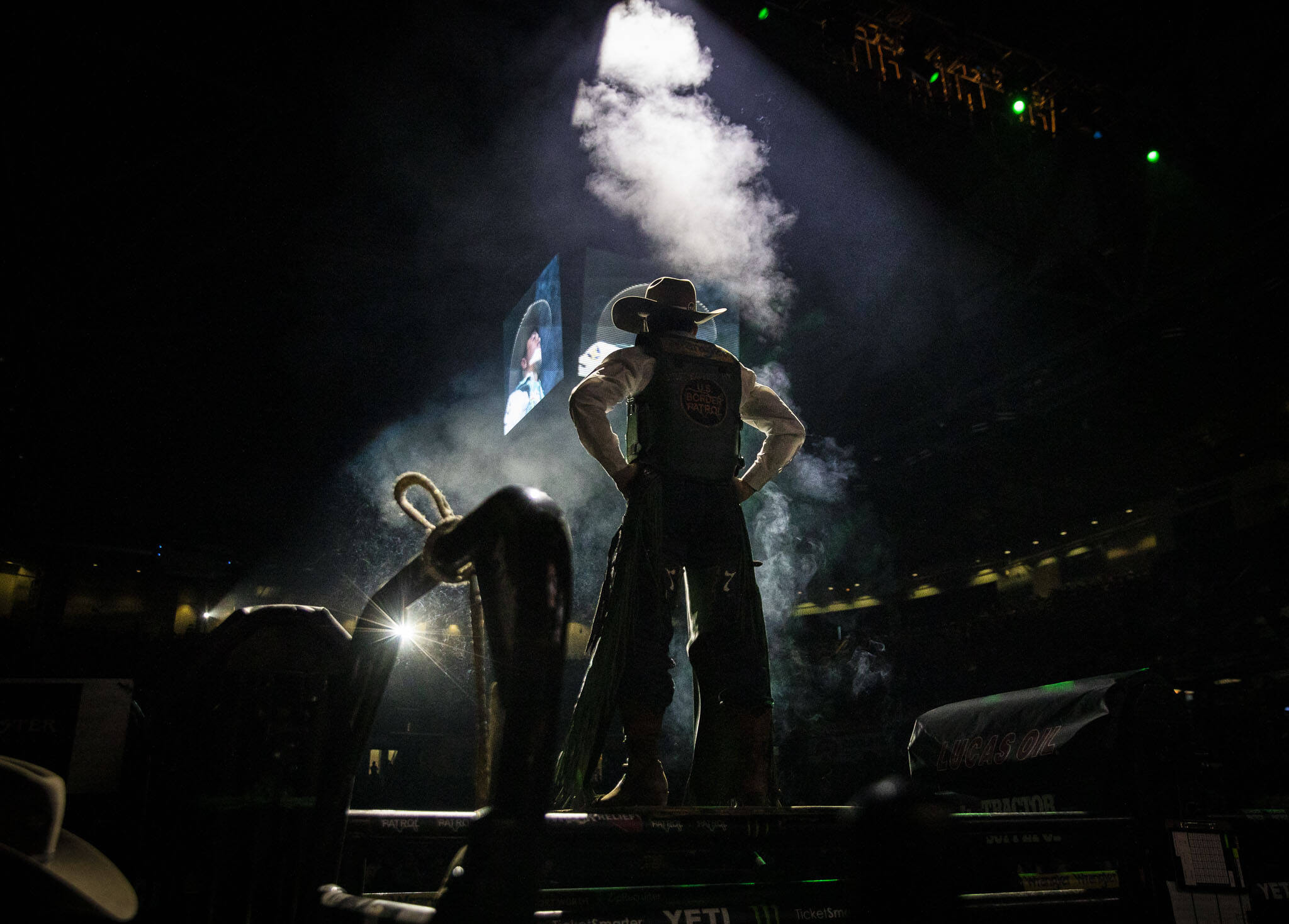 Daylon Swearingen is introduced during the PBR Everett Invitational at Angel of the Winds Arena on Wednesday, April 6, 2022 in Everett, Washington. (Olivia Vanni / The Herald)