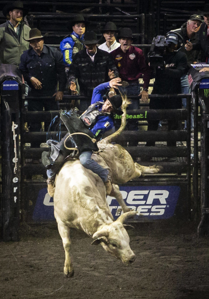 João Ricardo Vieira is cheered on while he rides his bull in the championship round during the PBR Everett Invitational at Angel of the Winds Arena on Wednesday, April 6, 2022 in Everett, Washington. (Olivia Vanni / The Herald)
