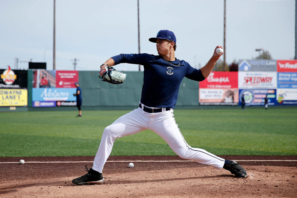 AquaSox southpaw Adam Macko pitches a simulated game. (Ryan Berry / The Herald)
