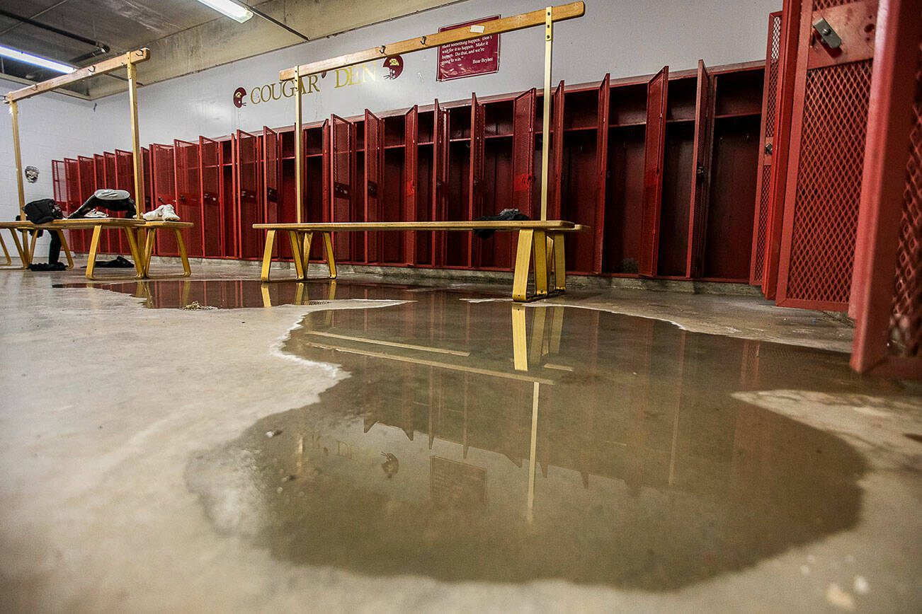 A large puddle of water forms on the floor of the Lakewood field locker rooms on Tuesday, April 12, 2022 in Arlington, Washington. (Olivia Vanni / The Herald)