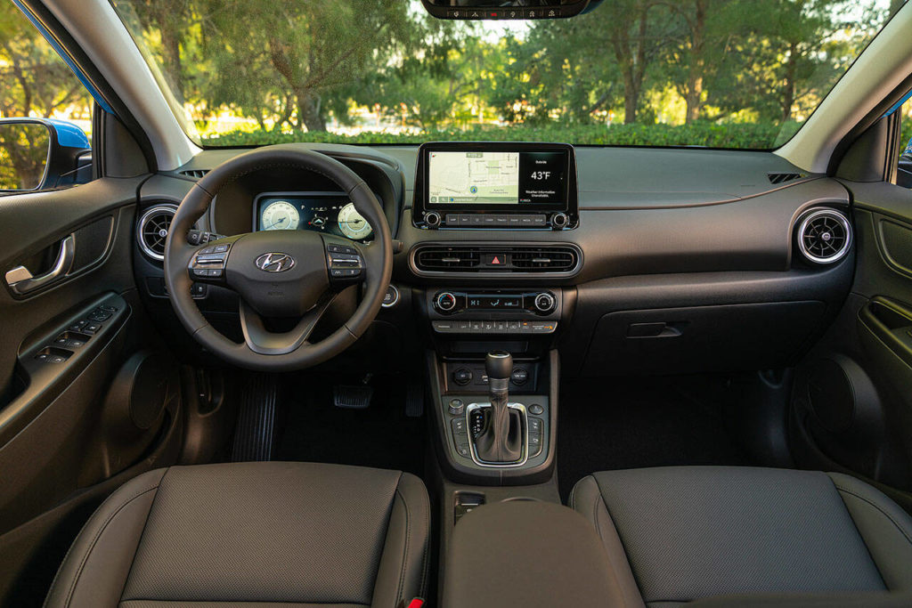 The 2022 Hyundai Kona’s handsomely restyled interior includes a 10.25-inch multimedia touchscreen, standard or optional depending on trim level. (Manufacturer photo)
