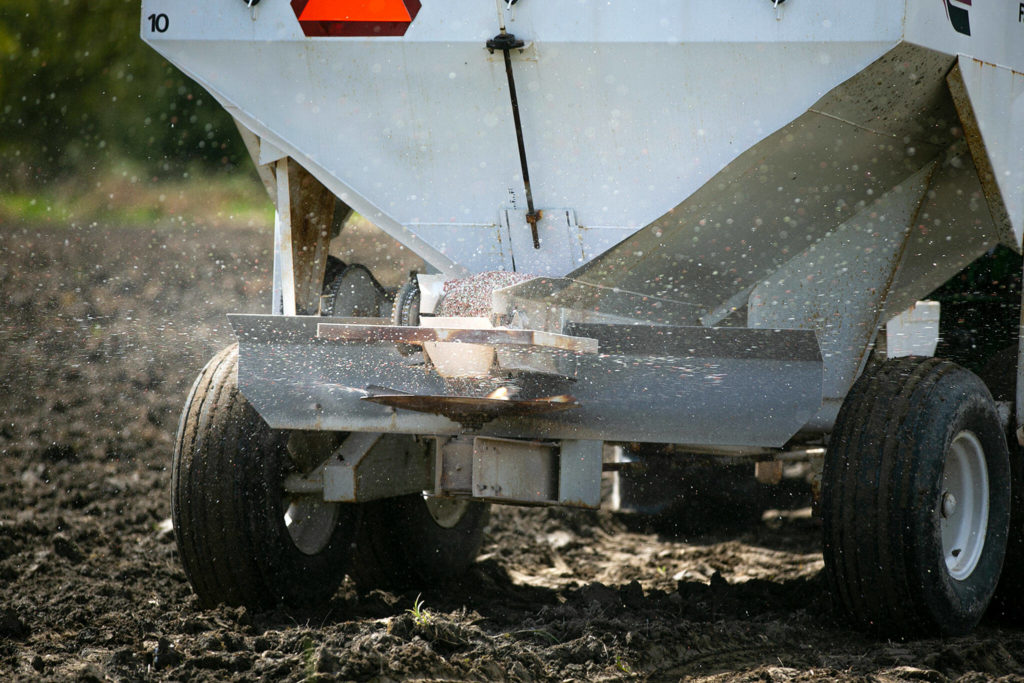 Fertilizer is thrown from a spreader Friday as Andrew Albert drives his tractor through a city-owned field in Arlington. (Ryan Berry / The Herald)
