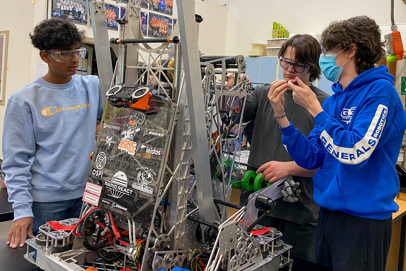 Members of the The Glacier Peak High School robotics team. Named the Sonic Squirrels is heading to a world competition in Texas. (Courtesy Photo)