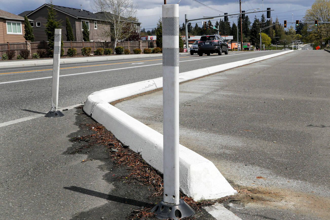 The curb median keeps vehicles from the shoulder on the south side 20th Street SE (eastbound) in Lake Stevens, Washington on April 21, 2022. (Kevin Clark / The Herald)