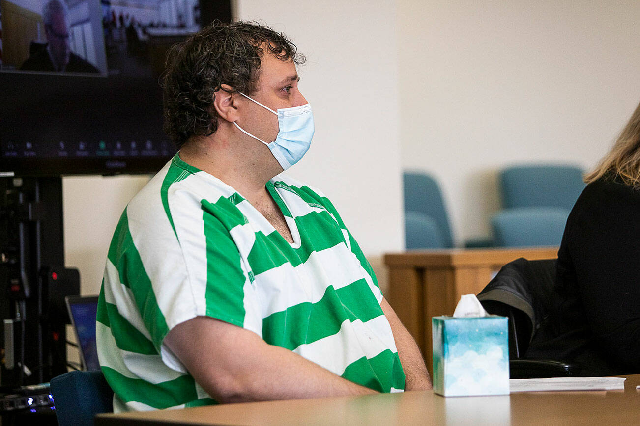 Brent Marty waits at his sentencing hearing at the Snohomish County Courthouse on Wednesday, April 20, 2022 in Everett, Washington. (Olivia Vanni / The Herald)