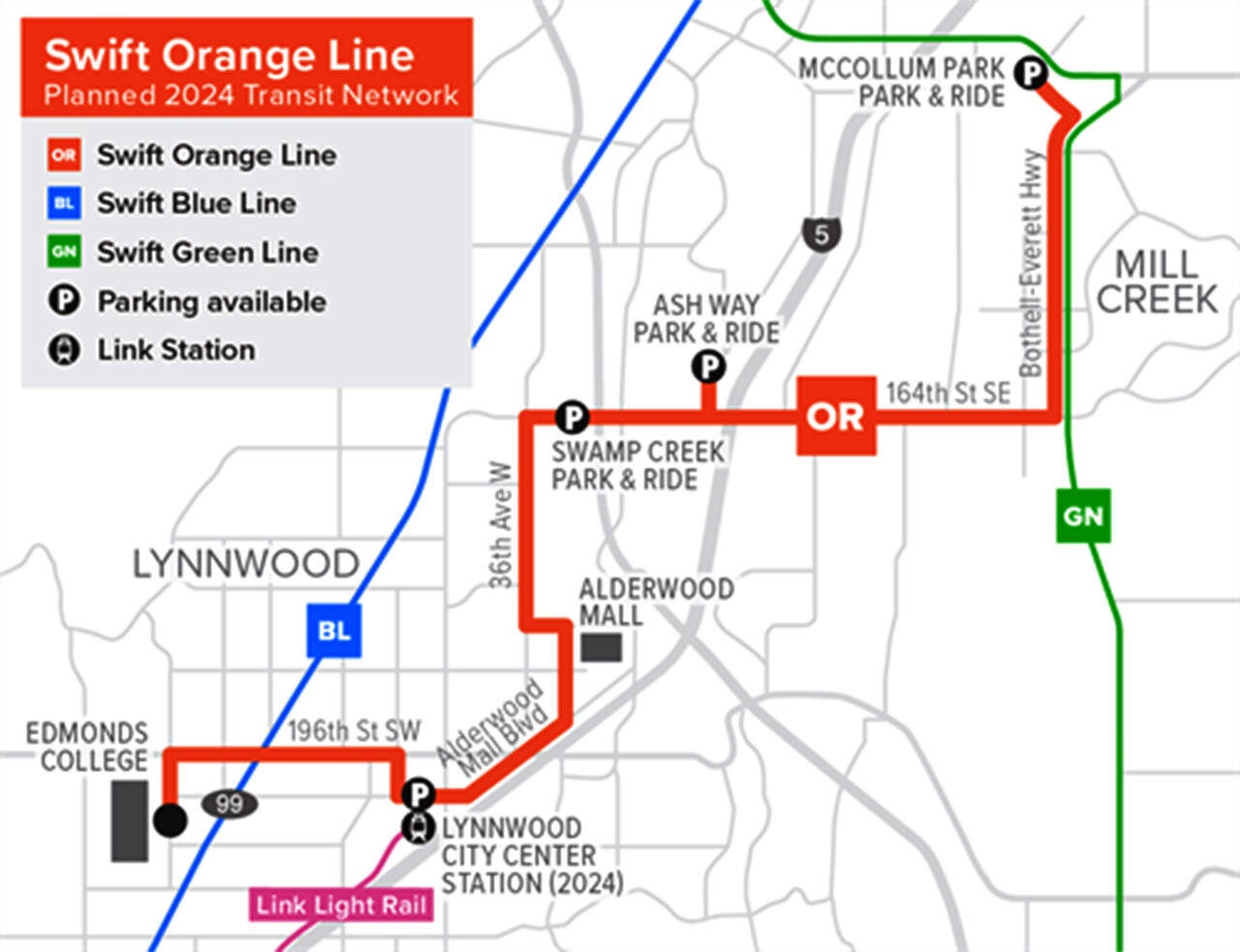 Swift Orange Line planned 2024 route. (Community Transit)