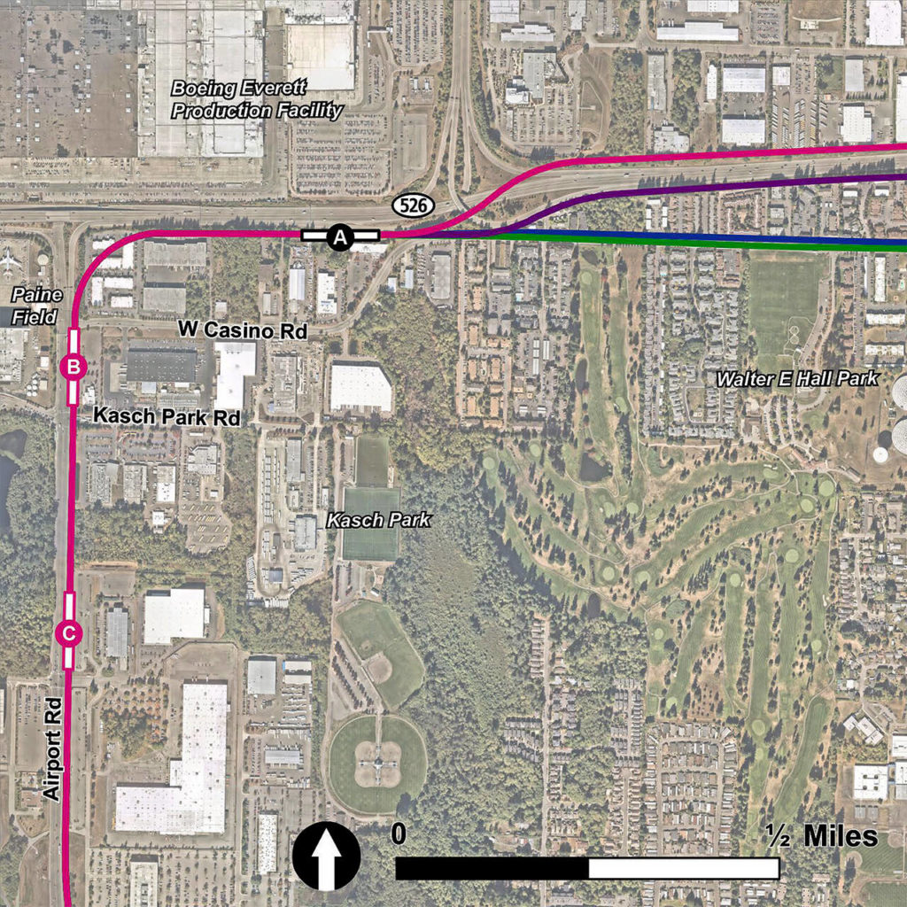 The SW Everett Industrial Center Station area has four route alternatives and three station alternatives. (Sound Transit)
