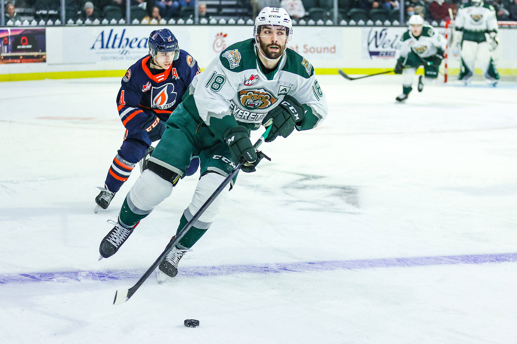 The Silvertips’ Hunter Campbell skates with the puck during a game against the Blazers on Saturday, Feb. 12, 2022, at Angel of the Winds Arena in Everett. (Kristin Ostrowski / Everett Silvertips)