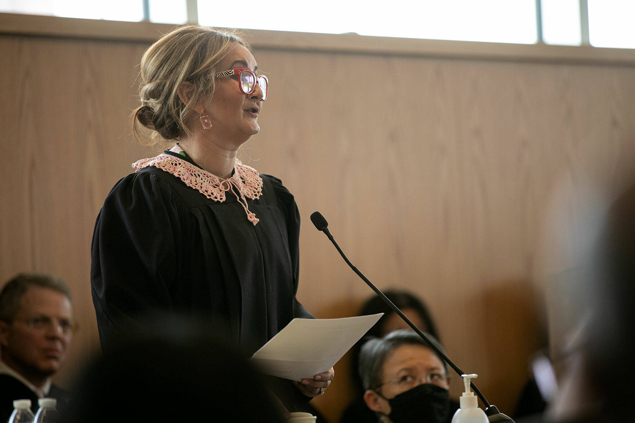 Judge Anna Alexander speaks during the memorial for Judge Cassandra Lopez-Shaw Thursday at the Snohomish County Courthouse in Everett. (Ryan Berry / The Herald)