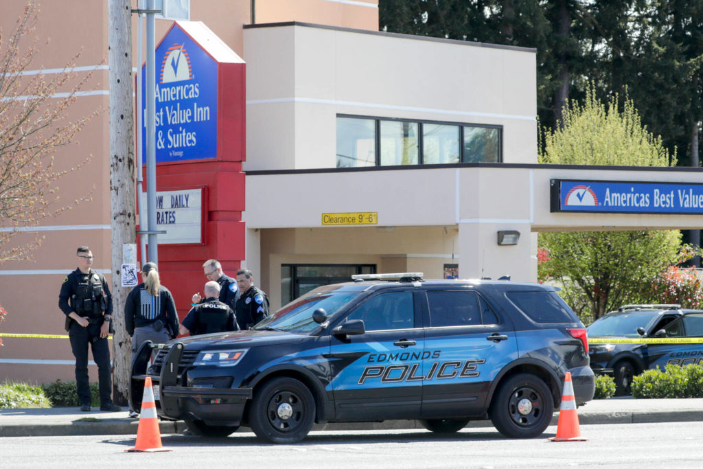 A police officer shot someone at a motel on Friday after a domestic violence call in the 22100 block of Highway 99 in Edmonds. (Kevin Clark / The Herald)
