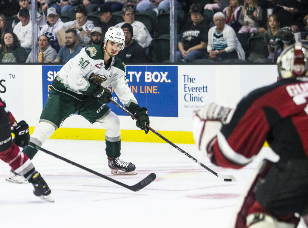 Silvertips’ Alex Swetlikoff lines up a shot on goal during the playoff match up against the Vancouver Giants on Saturday, April 23, 2022 in Everett, Washington. (Olivia Vanni / The Herald)
