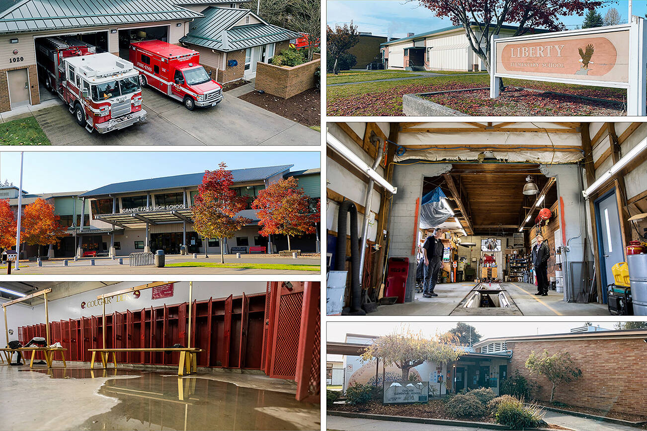 Clockwise from top left: Mill Creek Fire Station 76 (Mill Creek Fire Department); Liberty Elementary School (Marysville School District); Sultan schools Superintendent Dan Chaplik (right) and mechanic Dan Erdman in the bus barn (Olivia Vanni / The Herald); Cascade Elementary School (Marysville School District); Lakewood High School locker room (Olivia Vanni / The Herald); Granite Falls High School (Granite Falls School District).