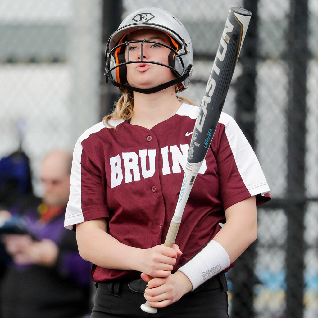 Cascade’s Abby Surowiec reacts after a strike Monday afternoon at Phil Johnson Ballfields in Everett, Washington on April 25, 2022. The Bruins won 6-2. (Kevin Clark / The Herald)
