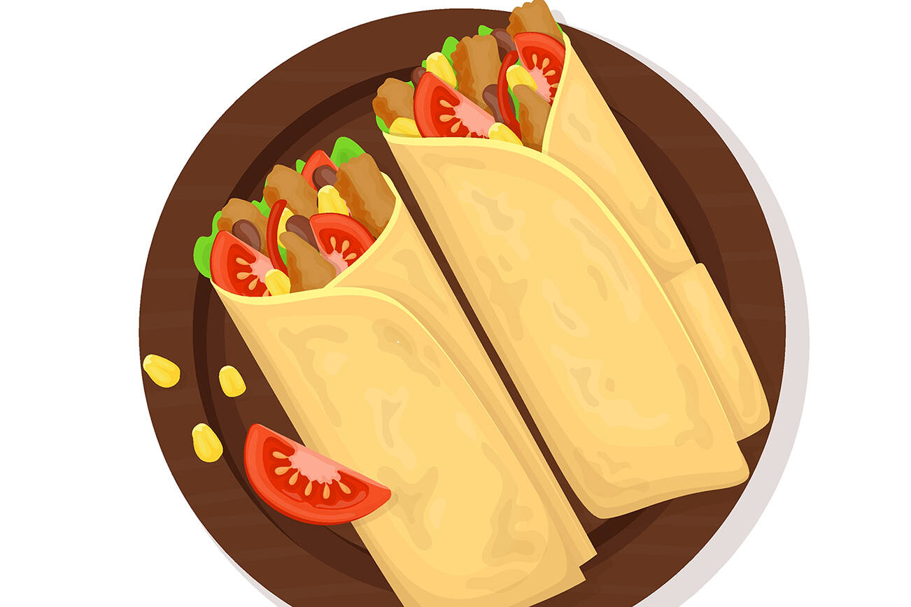Burrito, fast food menu snack, doner, shawarma vector snack sandwich. Fastfood restaurant, street food delivery and takeaway meals, Mexican burrito roll, gyros or shawarma doner sandwich