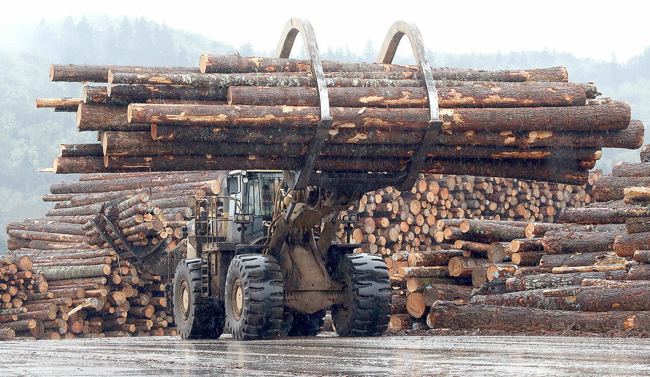 In this Feb. 26, 2015 photo, a front end log loader transports logs at Swanson Group Manufacturing in Roseburg, Oregon. The Oregon Court of Appeals on Wednesday overturned a $1.1 billion verdict against the state over its forest management practices. (Michael Sullivan/The News-Review via AP, File)
