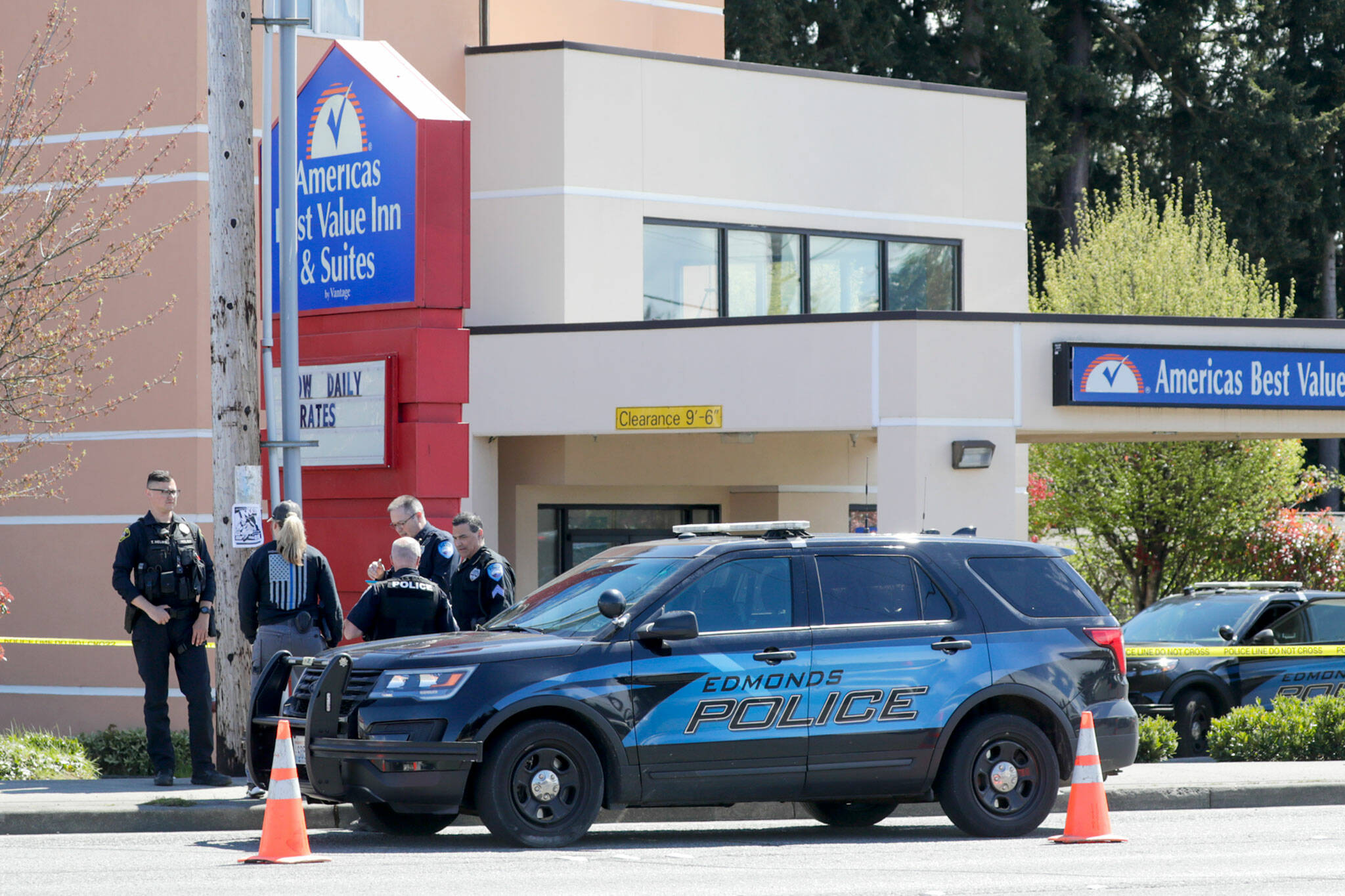 Police at the scene of an officer-involved shooting in Edmonds on April 22. (Kevin Clark / Herald file)