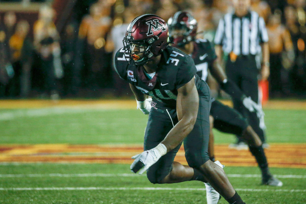 Minnesota defensive end Boye Mafe rushes against Ohio State in the third quarter of a game on Sept. 2, 2021, in Minneapolis. (AP Photo/Bruce Kluckhohn)
