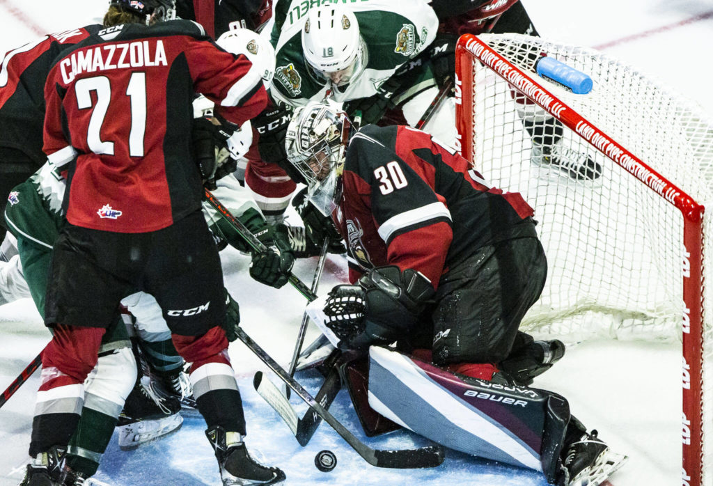 Giants’ Jasper Vikman blocks a shot on goal during the game against the Silvertips on Saturday, April 30, 2022 in Everett, Washington. (Olivia Vanni / The Herald)
