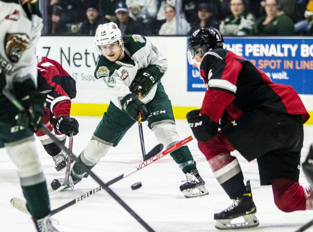 Silvertips’ Austin Roest takes a shot on goal during the game against the Giants on Saturday, April 30, 2022 in Everett, Washington. (Olivia Vanni / The Herald)
