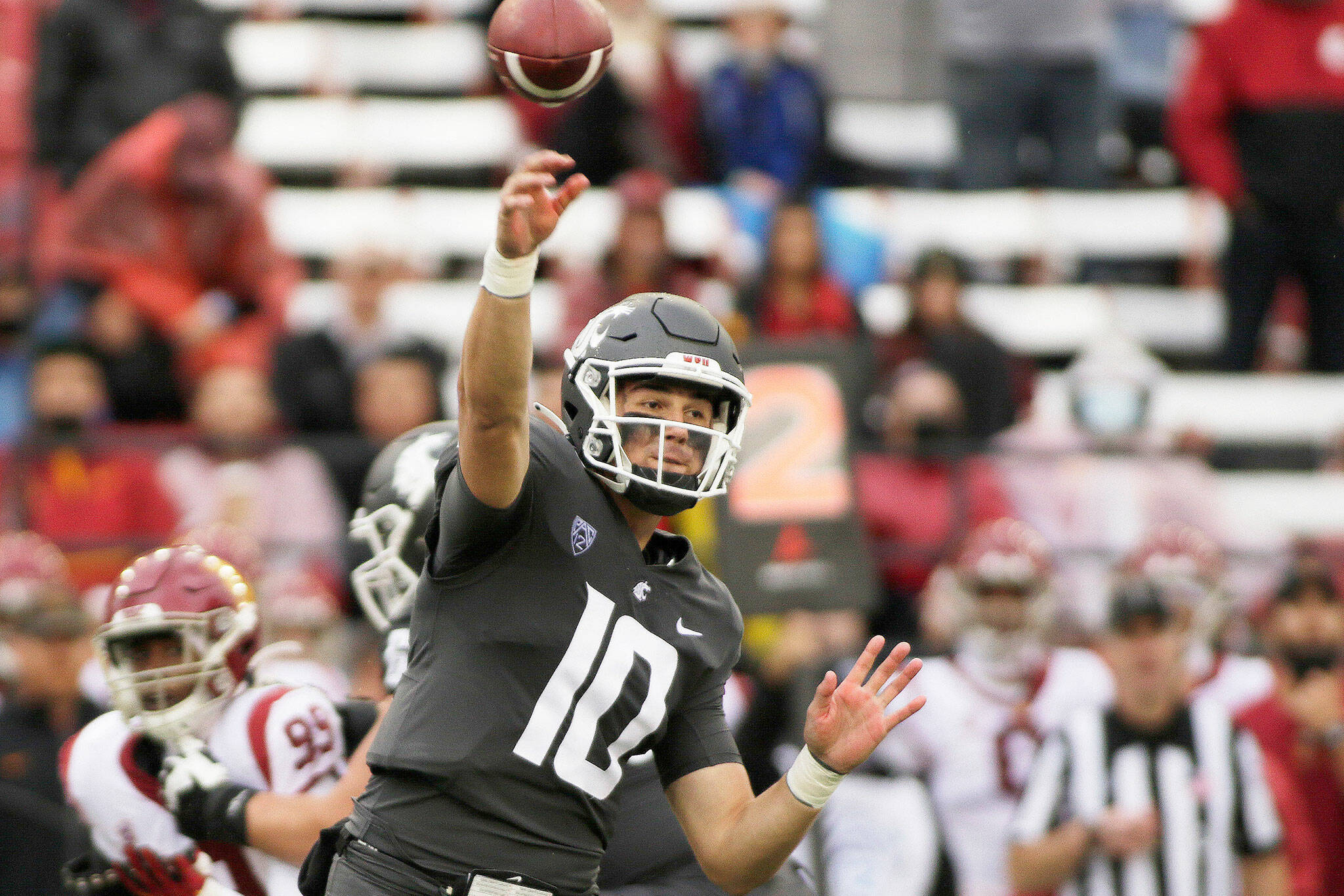 Washington State quarterback Victor Gabalis throws a pass during the second half of a game against Southern California on Sept. 18, 2021, in Pullman. (AP Photo/Young Kwak)