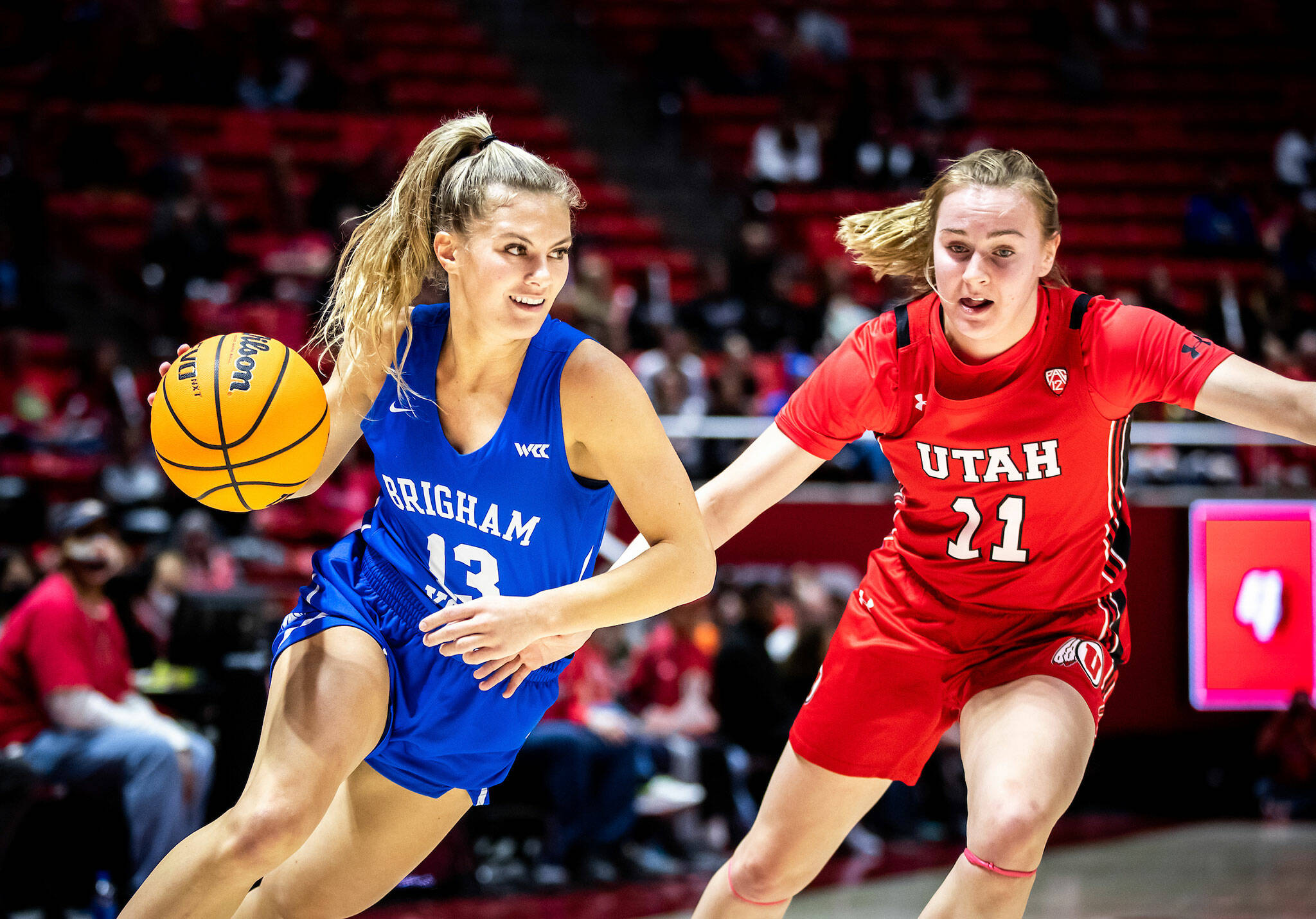 BYU’s Paisley Harding drives with the ball during a game against Utah on Dec. 4, 2021, at Huntsman Center in Salt Lake City, Utah. (BYU Photo)