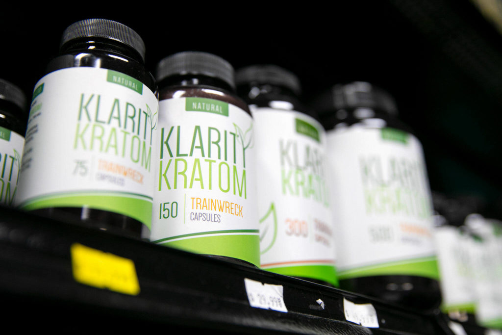 Kratom products line the shelves at Island Smoke in Clinton. (Ryan Berry / The Herald)
