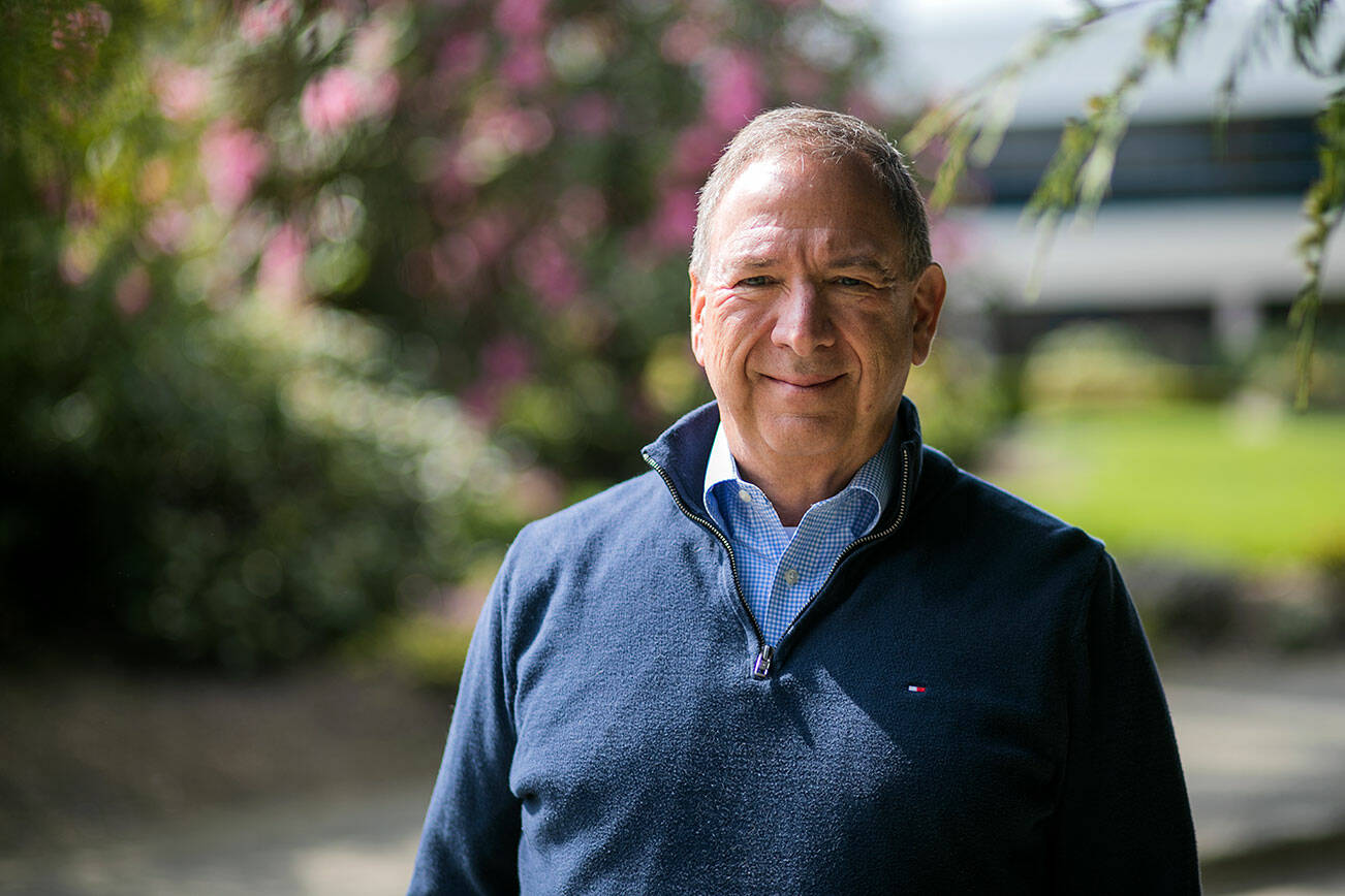 Monti Ackerman, recipient of the John Fluke Award, is pictured Thursday, April 28, 2022, outside his office in Everett, Washington. (Ryan Berry / The Herald)