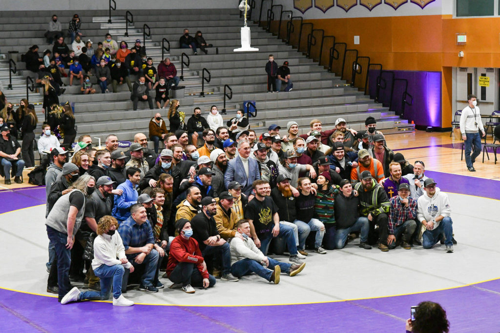 Approximately 75 former Lake Stevens wrestlers attended Barnes’ final home match in January. (John Gardner / Pro Action Image)
