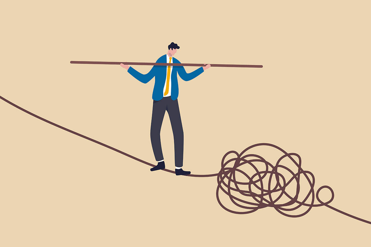 Leadership skill to lead company in crisis situation, manage to solve risky problem concept, confidence businessman leader acrobat walk balance on danger high rope and try to solve tightrope problem.