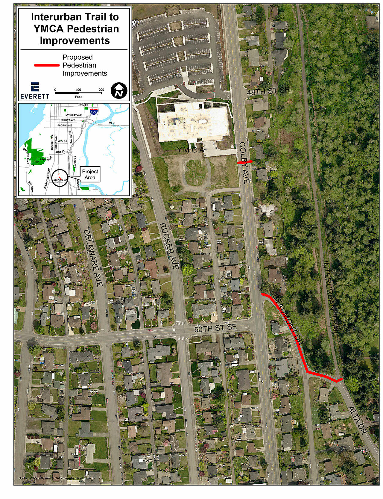 Everett Public Works is developing pedestrian improvements between the Interurban Trail and Colby Avenue and crossing the road to Emma Yule Neighborhood Park. (Everett)