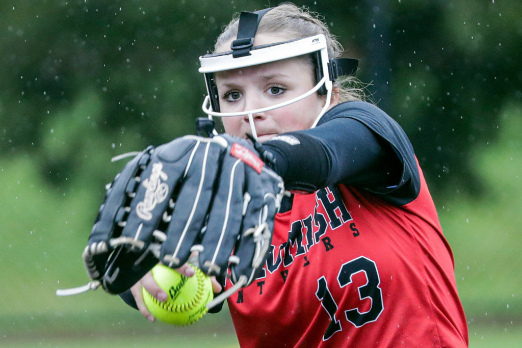 Snohomish’s Alex Flohr winds up to pitch against Cascade High School Thursday afternoon at Phil Johnson Ballfields in Everett, Washington on May 5, 2022. The Panthers won 9-3 in a key matchup between two of the top teams in Wesco 3A/2A. (Kevin Clark / The Herald)
