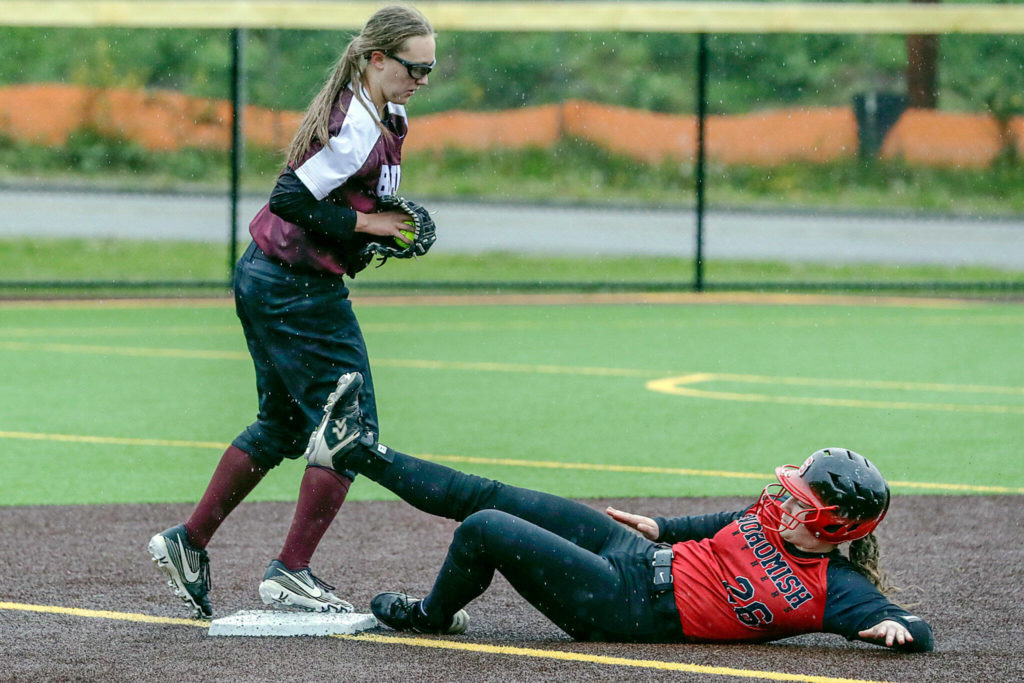 Cascade’s Allison Gehrig tags out Snohomish’s Bryn VanBrunt Thursday afternoon at Phil Johnson Ballfields in Everett, Washington on May 5, 2022. The Panthers won 9-3 in a key matchup between two of the top teams in Wesco 3A/2A. (Kevin Clark / The Herald)
