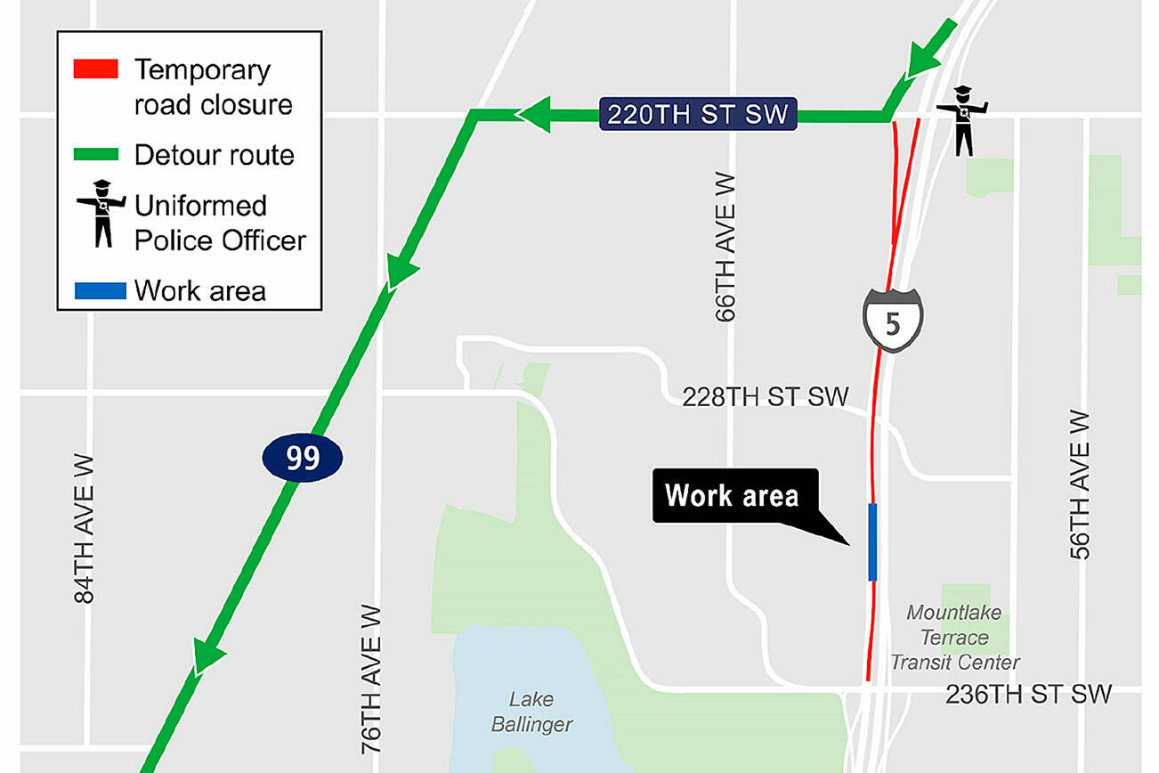 Southbound drivers on Interstate 5 will need a new route overnight through Mountlake Terrace this weekend and next weekend. (Sound Transit)