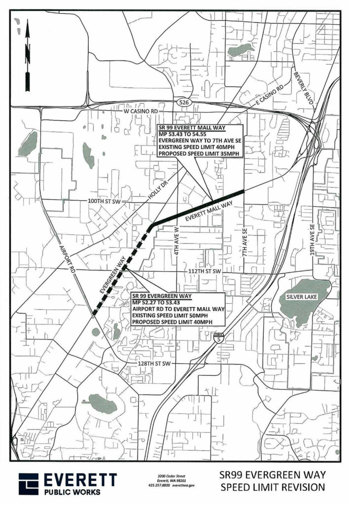 Everett’s city traffic engineer proposed reducing Highway 99 speed limits north from Airport Road to Seventh Avenue SE along Evergreen and Everett Mall ways. (Everett)
