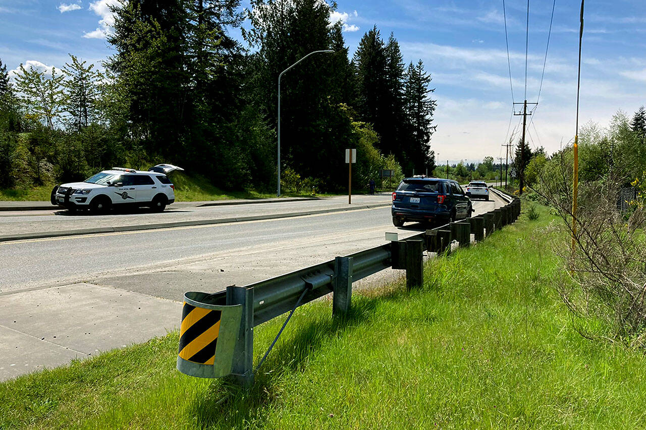 The scene of a fatal crash Wednesday where a motorcyclist collided with a dump truck near Granite Falls. (Washington State Patrol)