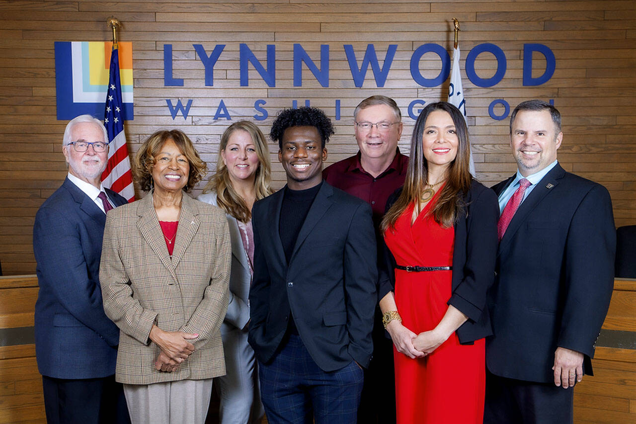 Lynnwood City Council members, from left: Jim Smith, Shirley Sutton, Shannon Sessions, Josh Binda, George Hurst, Julieta Altamirano-Crosby, and Patrick Decker. (City of Lynnwood)