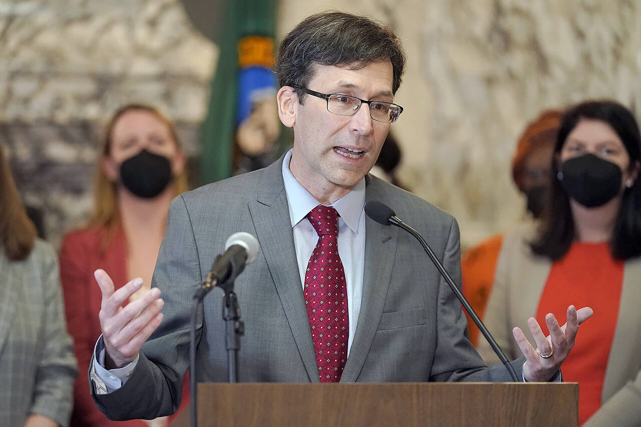 Washington Attorney General Bob Ferguson speaks March 23 at the Capitol in Olympia. On Tuesday, Ferguson announced the completion of one phase of his office’s “lawfully owed DNA project,” an effort to collect DNA samples from registered sex offenders. (AP Photo/Ted S. Warren, File)