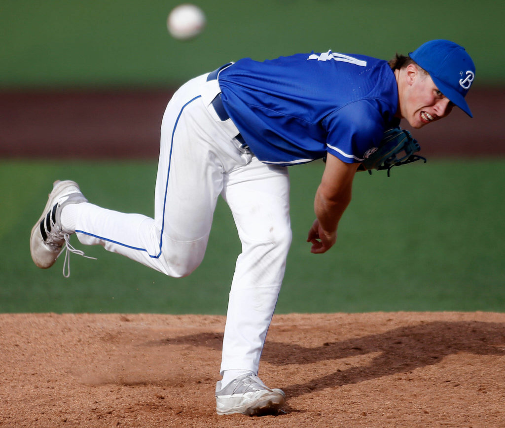 Bothell’s Jonah Shull pitches in the final inning against Jackson Friday, May 13, 2022, at Funko Field in Everett, Washington. (Ryan Berry / The Herald)
