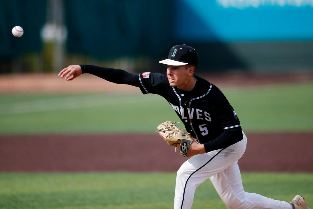 Jackson’s Carson Burns delivers a pitch against Bothell Friday, May 13, 2022, at Funko Field in Everett, Washington. (Ryan Berry / The Herald)
