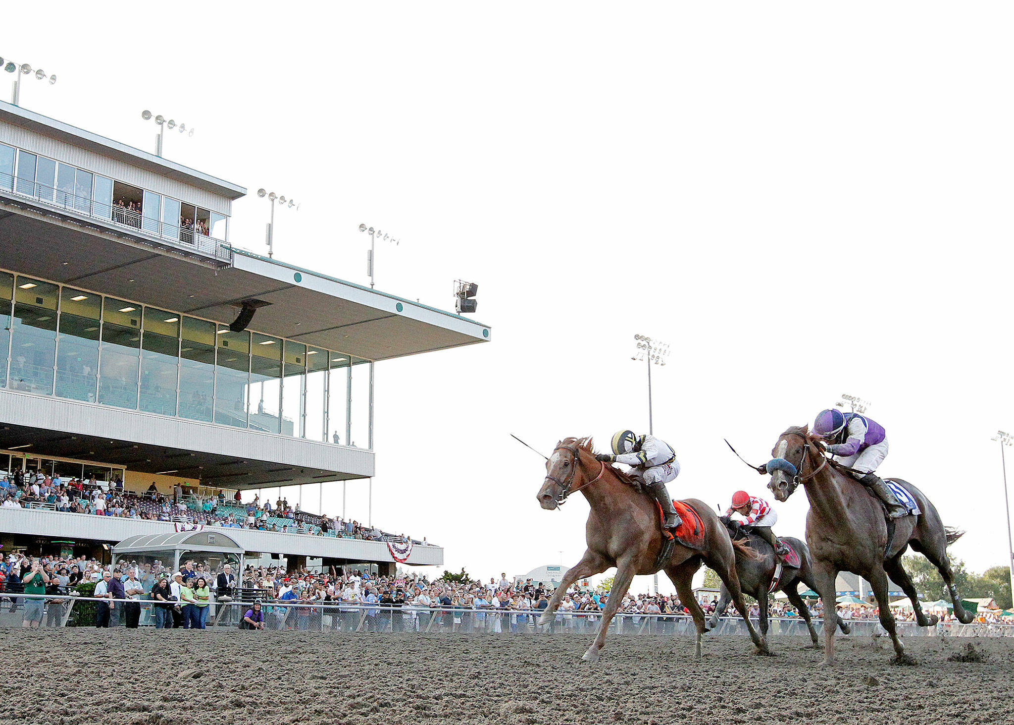 Background (left) and Windribbon lead the charge down the stretch in the 2021 Longacres Mile at Emerald Downs. (Photos courtesy of Emerald Downs)