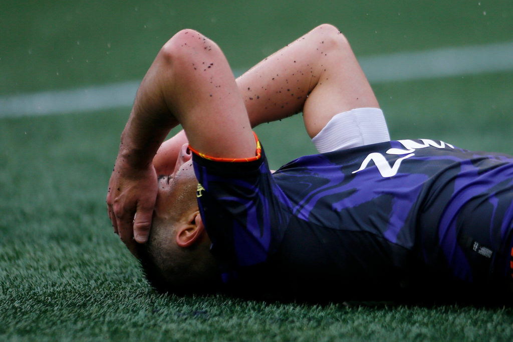 Seattle Sounders’ Nicolás Lodeiro lies on the ground after nearly taking advantage of a scoring opportunity against Minnesota United Sunday at Lumen Field in Seattle. (Ryan Berry / The Herald)
