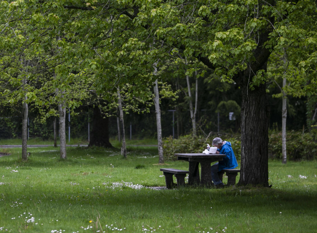A person eats lunch at a picnic table at the Smokey Point Rest Area on Tuesday in Arlington. (Olivia Vanni / The Herald)
